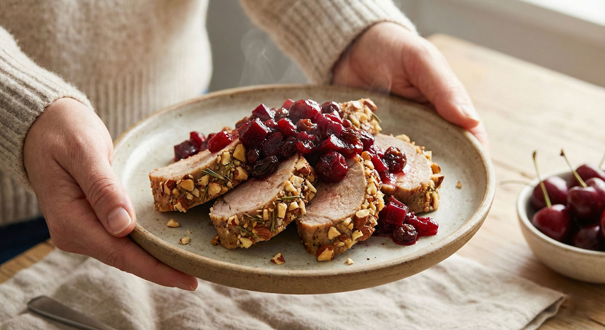 Close-up of a woman's hands holding a rustic plate filled with steaming slices of Almond Crusted Pork Tenderloin topped with a chunky beet, cranberry, and cherry chutney.