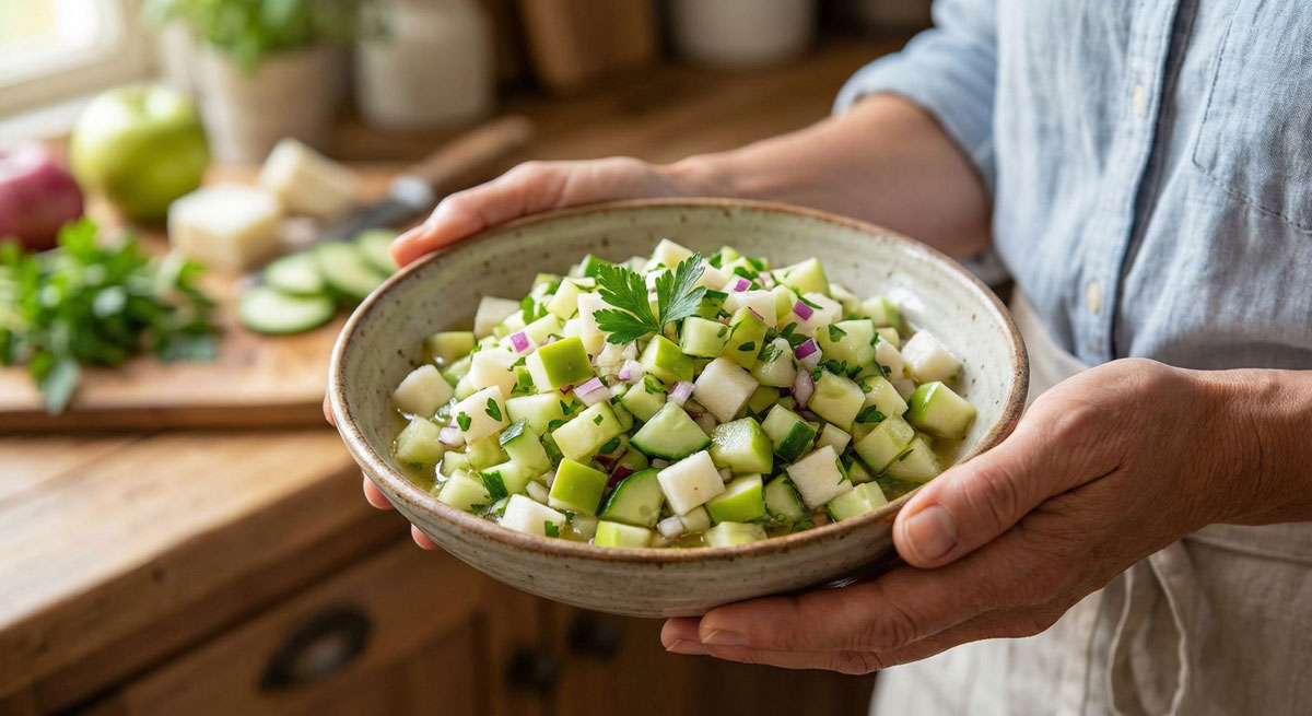 A close-up view of a woman's hands holding a ceramic bowl filled with fresh, diced Paleo Apple-Cucumber Relish, garnished with parsley in a rustic kitchen setting.