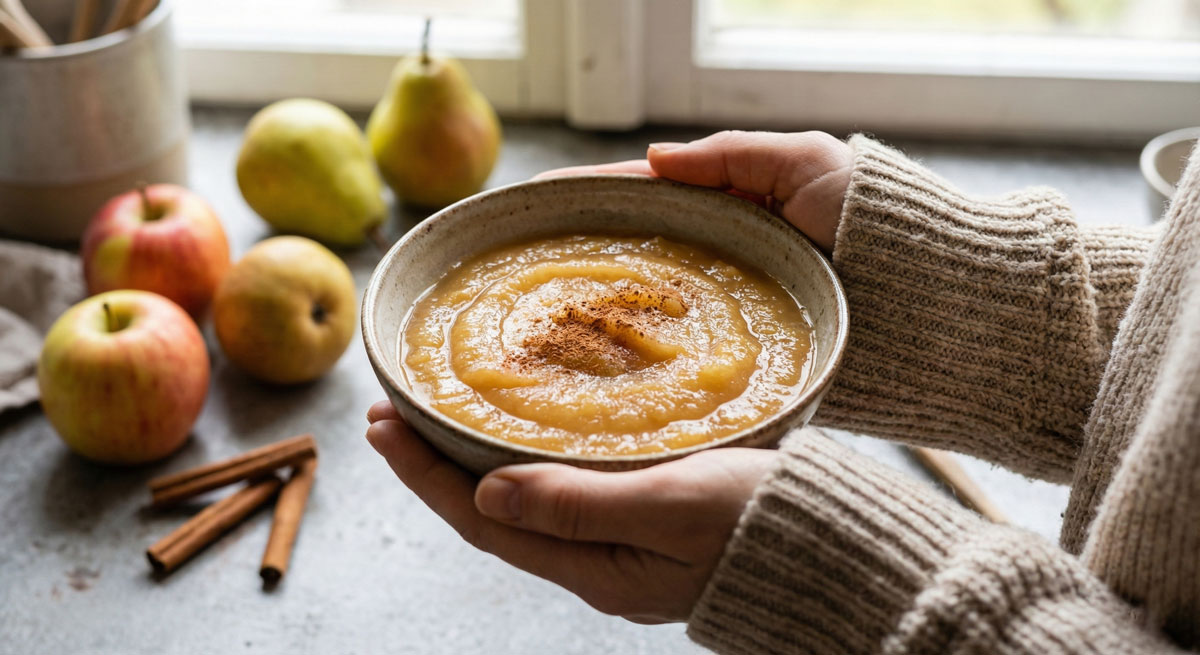 A person in a knit sweater holds a bowl of homemade Apple and Pear Sauce topped with cinnamon, with fresh apples and pears in the background.