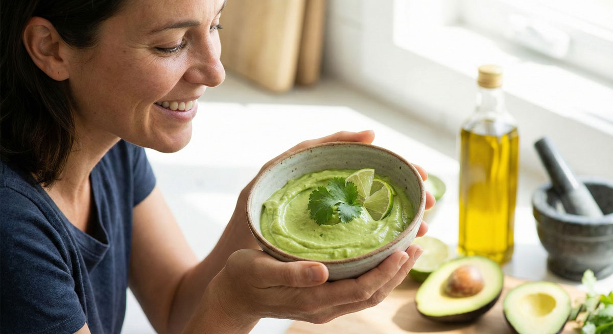 A smiling woman holds a rustic bowl containing creamy Paleo Avocado Dipping Sauce, garnished with fresh cilantro and lime slices in a brightly lit kitchen.