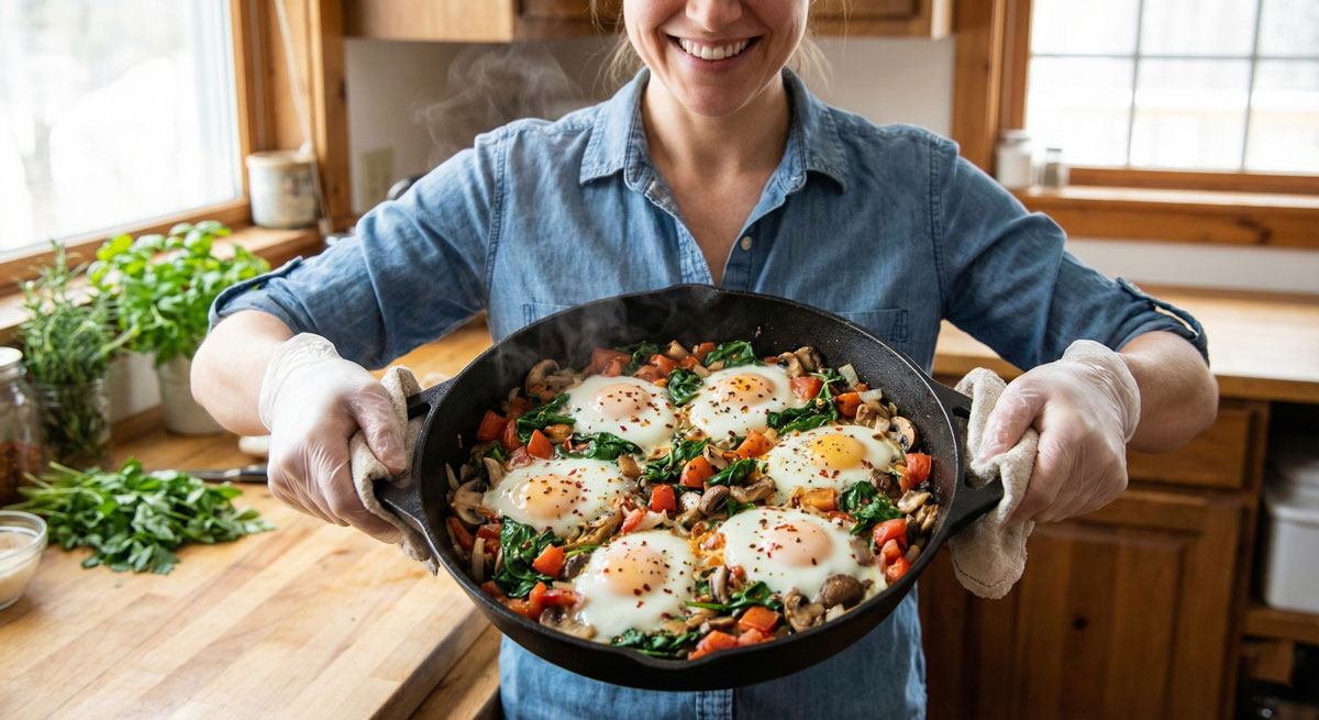 A smiling woman in a denim shirt holding a steaming cast-iron skillet filled with fresh Paleo Baked Eggs With Vegetables in a rustic kitchen setting.