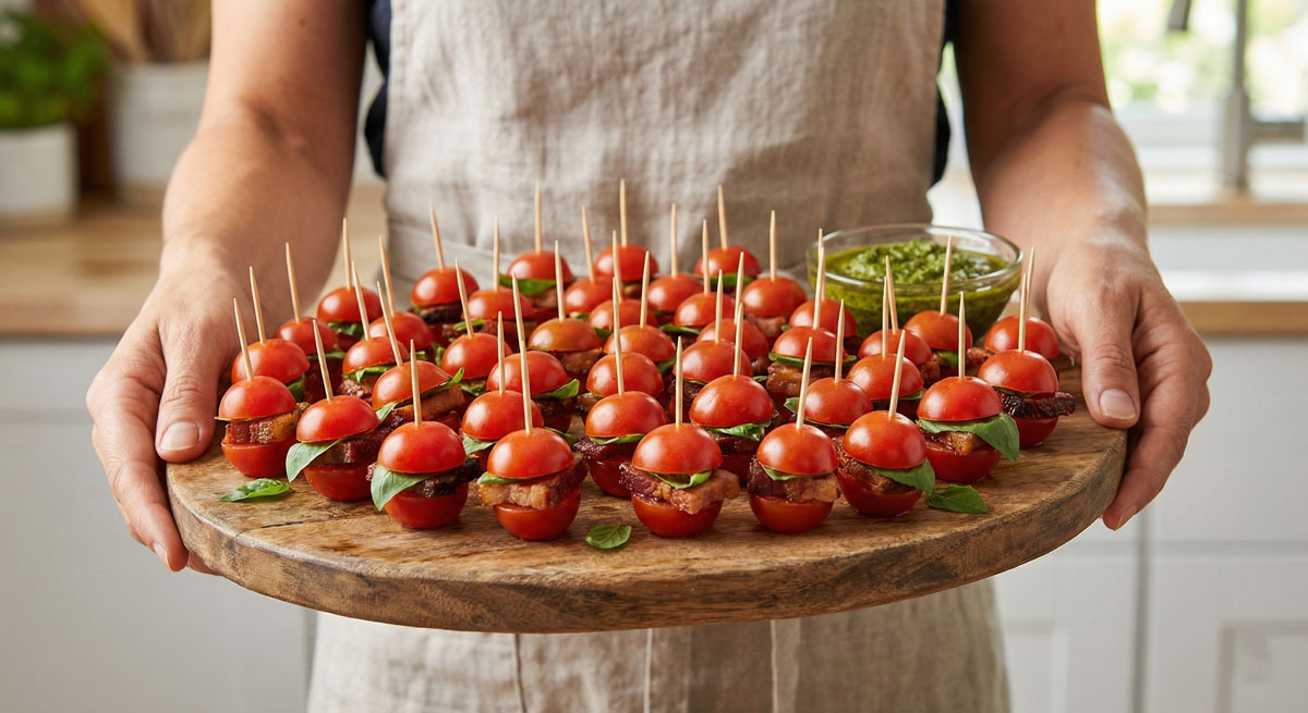 A person holding a wooden platter piled with Paleo Basil Bacon Tomato Bites appetizers and a side of pesto dipping sauce.