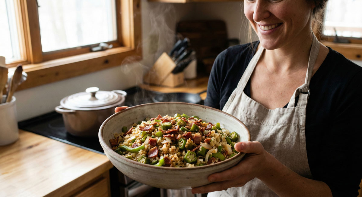 A smiling woman in an apron holds a steaming ceramic bowl filled with homemade Paleo Bacon And Okra Pilau in a cozy, natural-lit kitchen.