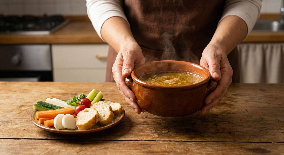 A pair of warm hands holding a steaming earthenware bowl filled with hot Bagna Cauda dip, ready to be served with a side plate of fresh crudités and sliced bread on a rustic wooden table.