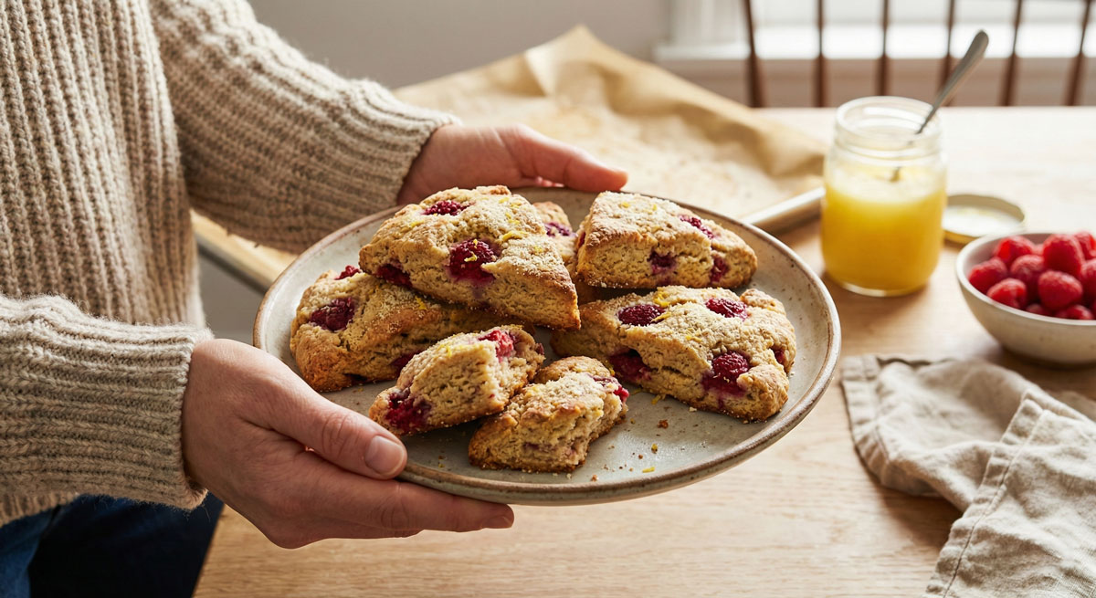 A woman's hands, wearing a knitted sweater, hold a ceramic plate piled with fresh-baked Paleo Berry Scones, golden-brown and studded with raspberries and lemon zest, against a background of a rustic kitchen counter with ingredients.