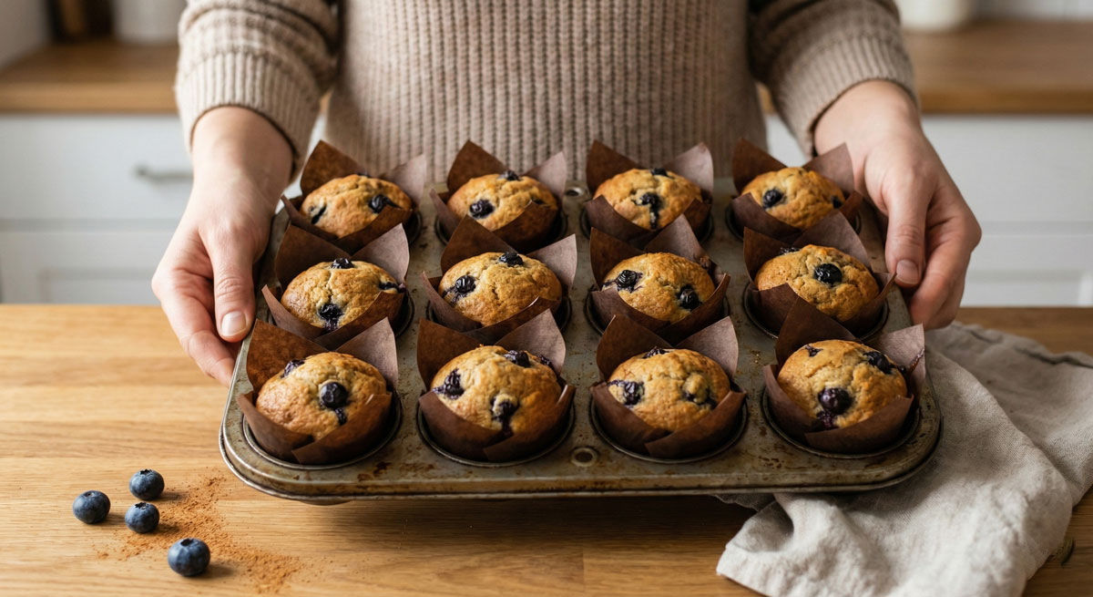 Woman holding a muffin tin filled with freshly baked Paleo Blueberry Muffins.