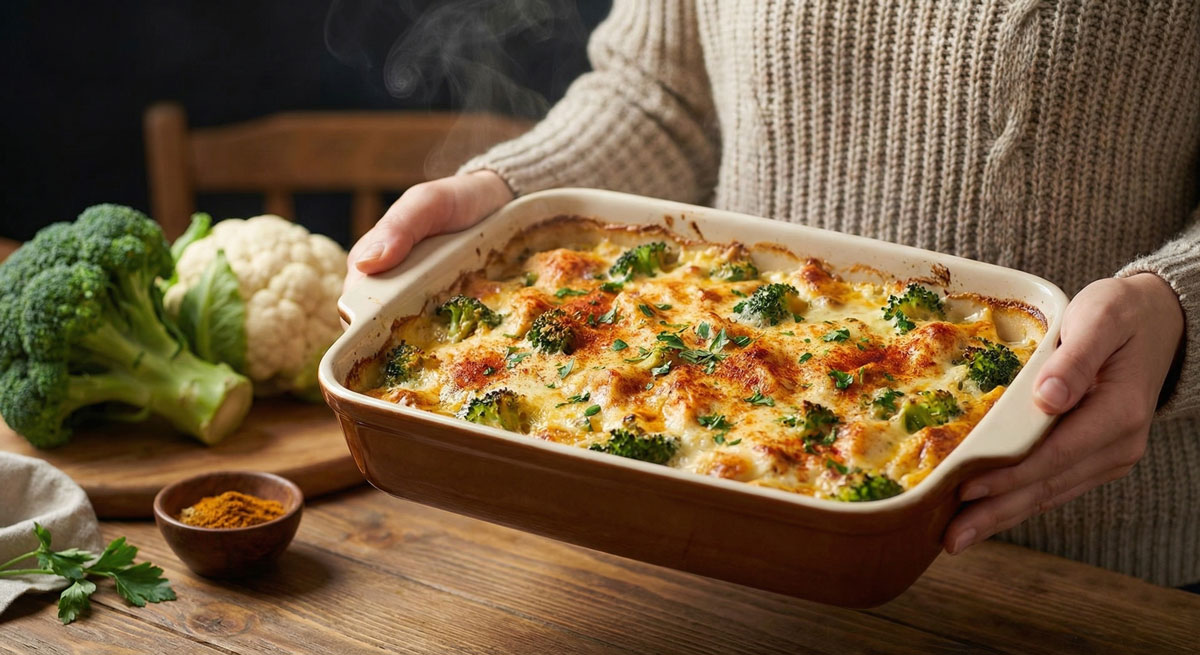 A woman smiling while holding a fresh, hot baking dish of Paleo Chicken and Broccoli Casserole topped with creamy cauliflower sauce and paprika.