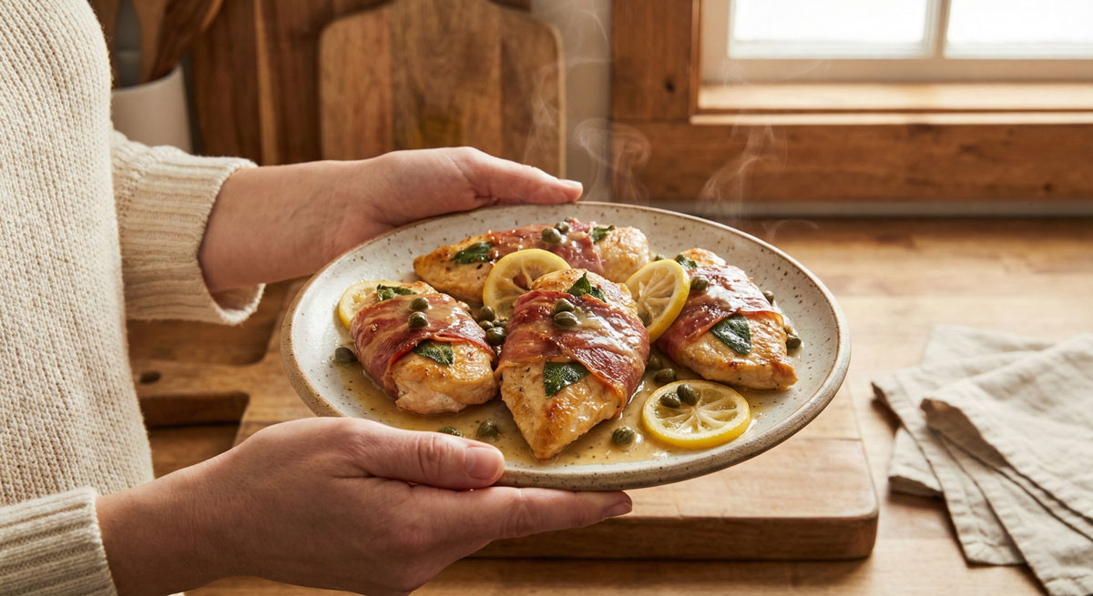 Woman holding a plate of delicious Chicken Saltimbocca wrapped in prosciutto and sage with lemon caper sauce.