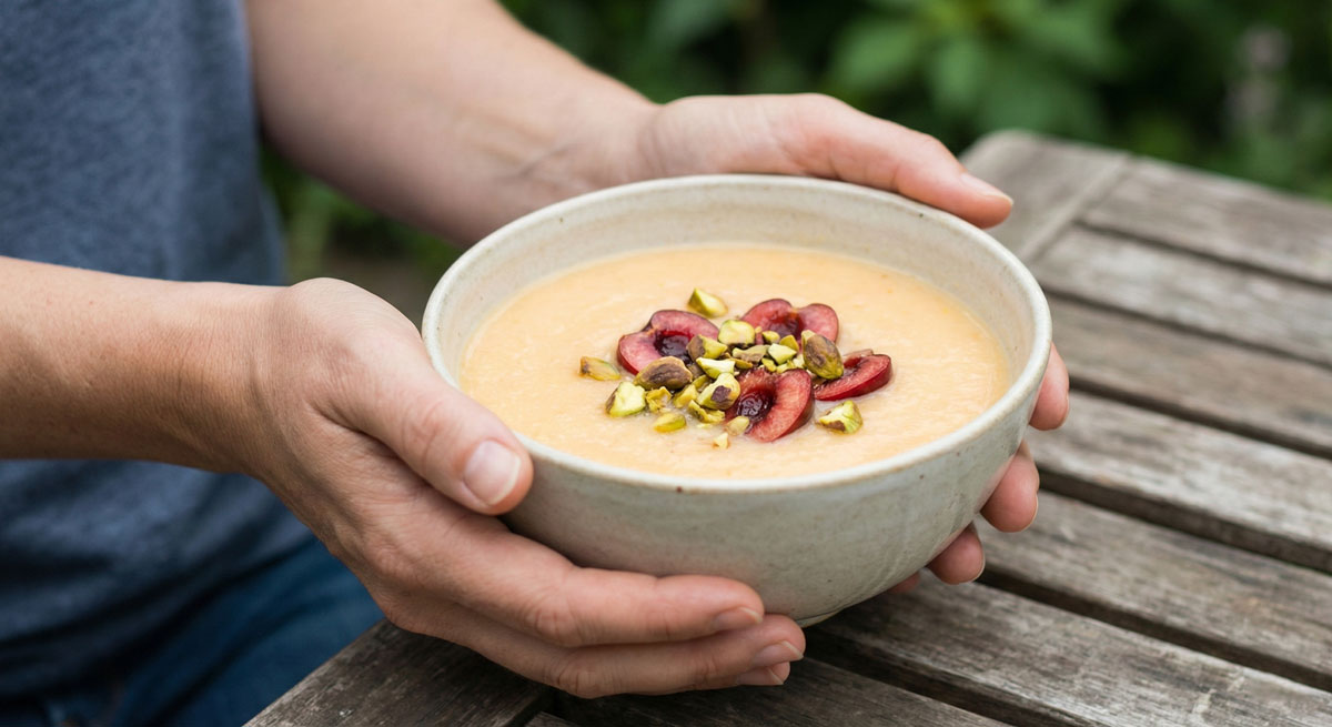 Woman holding a rustic bowl of creamy Chilled Melon Soup garnished with fresh sliced cherries and toasted pistachios.