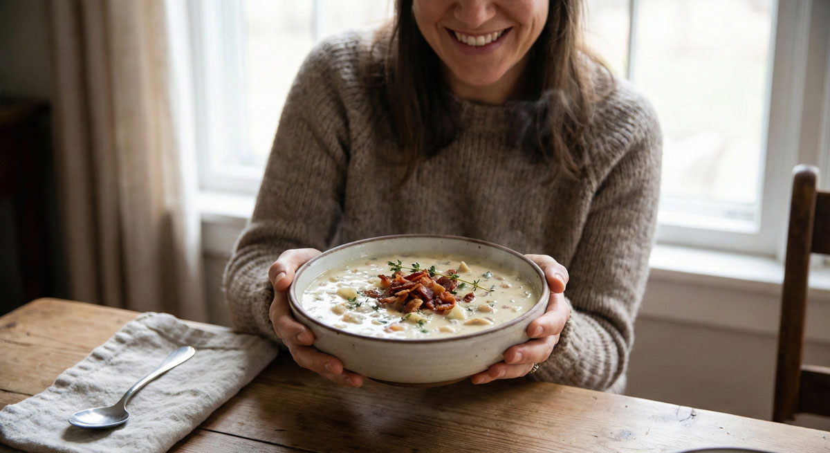 A woman holding a steaming bowl of creamy Clam Chowder topped with crispy bacon bits and fresh thyme sprigs, showcasing a healthy, dairy-free version of the classic recipe.