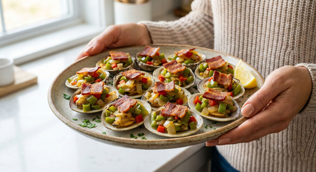 Woman holding a serving platter featuring Paleo Clams Casino appetizers topped with crispy bacon, diced green peppers, and onions.