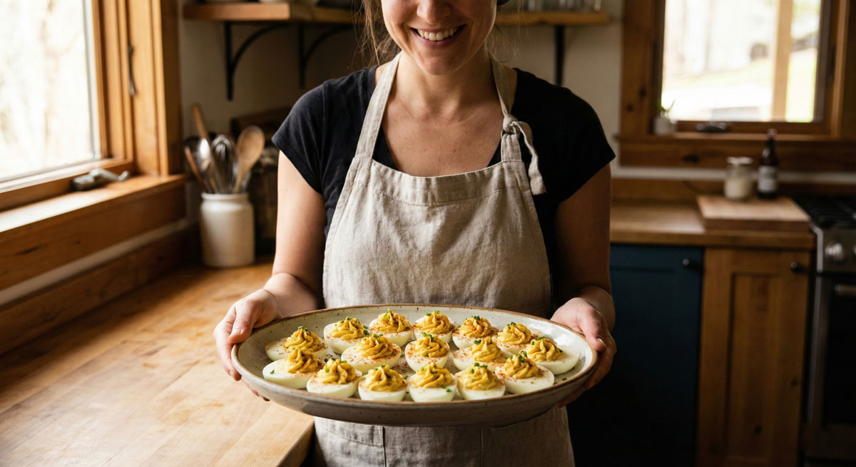 Woman smiling while holding a serving platter of Curried Deviled Eggs garnished with paprika and fresh chives.