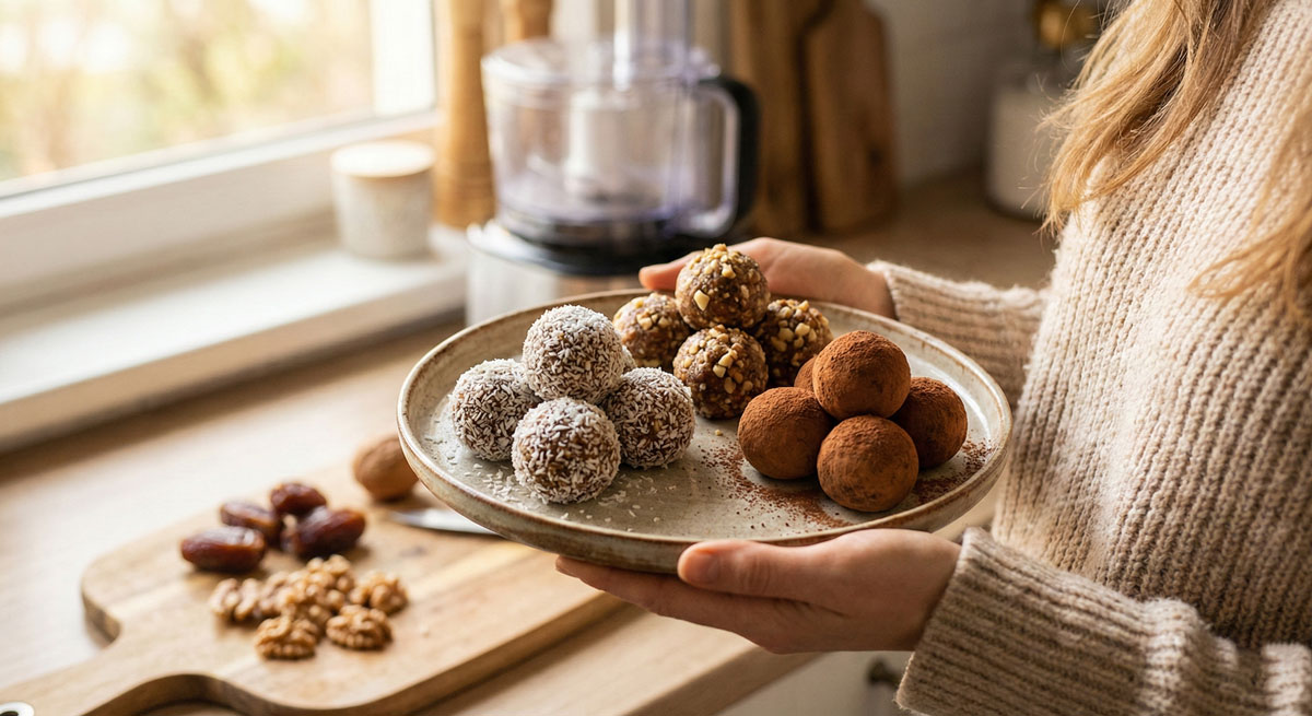 A woman holding a ceramic plate of Homemade Larabar Balls Three Ways, featuring coconut-covered, nut-crusted, and cocoa-dusted date energy bites in a bright kitchen.
