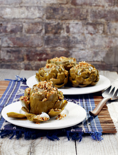 Baked Stuffed Artichokes with Pine Nuts and Lemon Herb Sauce