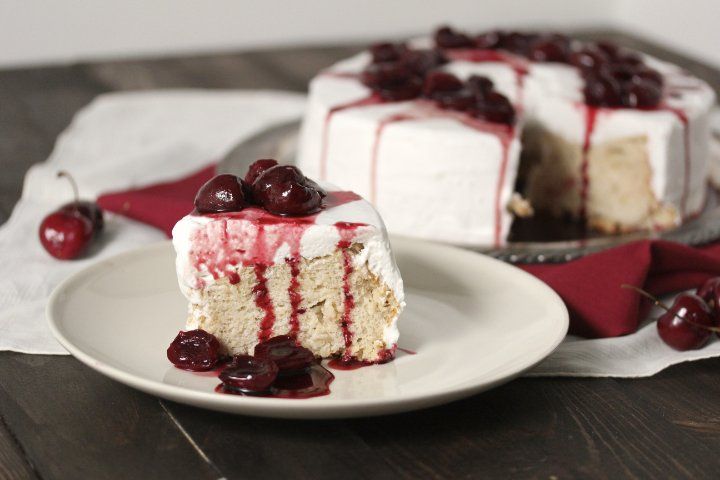 Lemony Angel Food Cake with Lemon Cream & Hibiscus Cherries