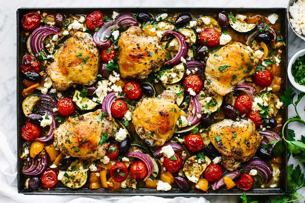 Greek Chicken Thighs with Zucchini, Fennel, and Garlic Aioli