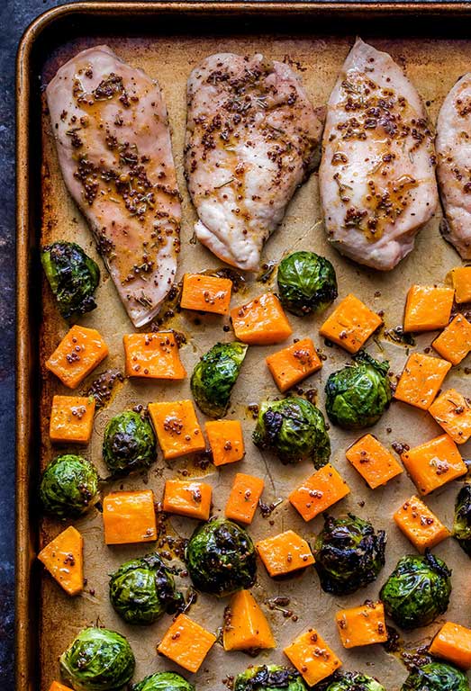 Maple-Mustard Chicken with Carrots and Brussels Sprouts