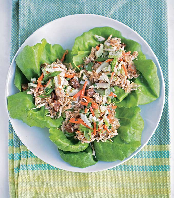 Chicken and Andouille Sausage Lettuce Wraps with Creamy Celery Slaw