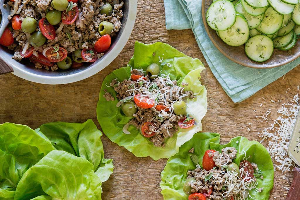 Greek Peperoncini Beef Lettuce Wraps with Cucumber Salad
