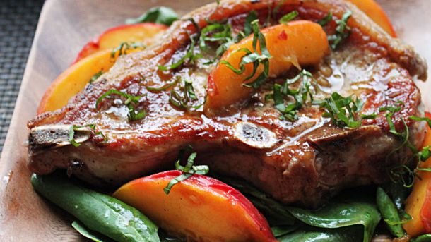 Prosciutto-Wrapped Pork Chops with Peach Sauce