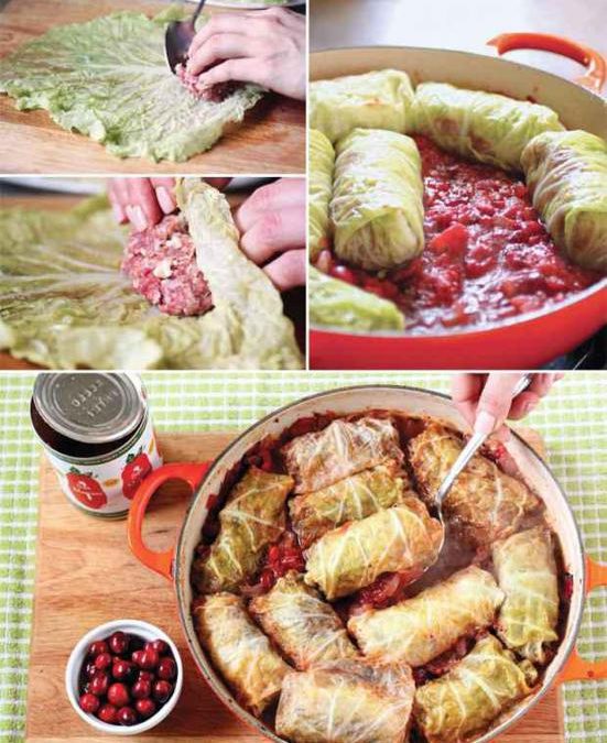 Stuffed cabbage rolls with tomato cranberry sauce