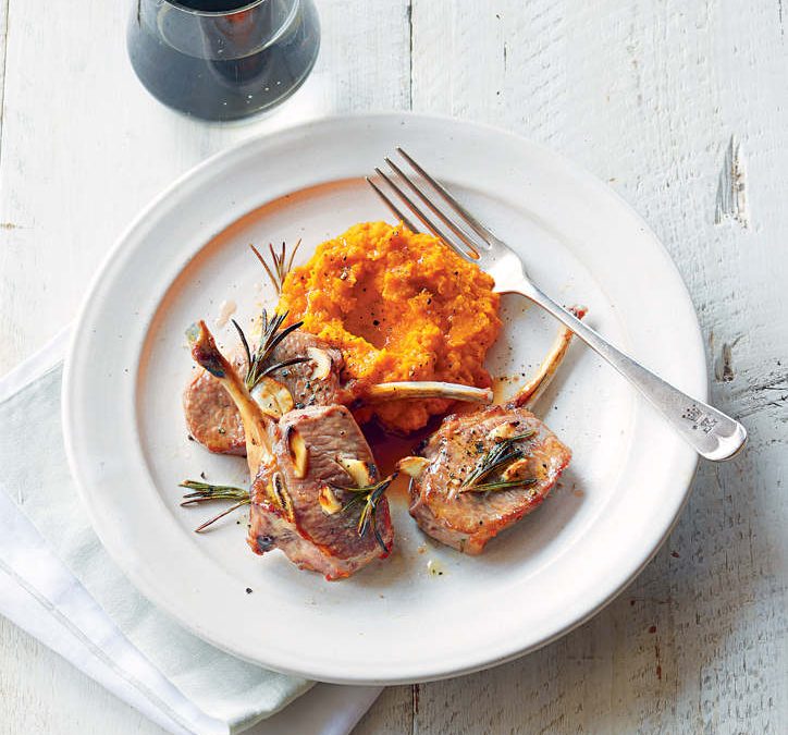 GRILLED LAMB CHOPS ON CARROT PURÉE WITH ROASTED GARLIC