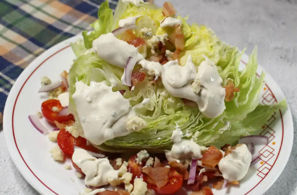 Classic Wedge Salad with Bacon and Creamy Coconut Milk Cheddar Cheese Dressing