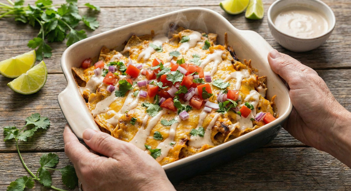 Woman holding a square baking dish filled with Chicken Chilaquiles Casserole, topped with melted dairy-free cheese, fresh cilantro, chopped tomatoes, and a creamy coconut lime drizzle.