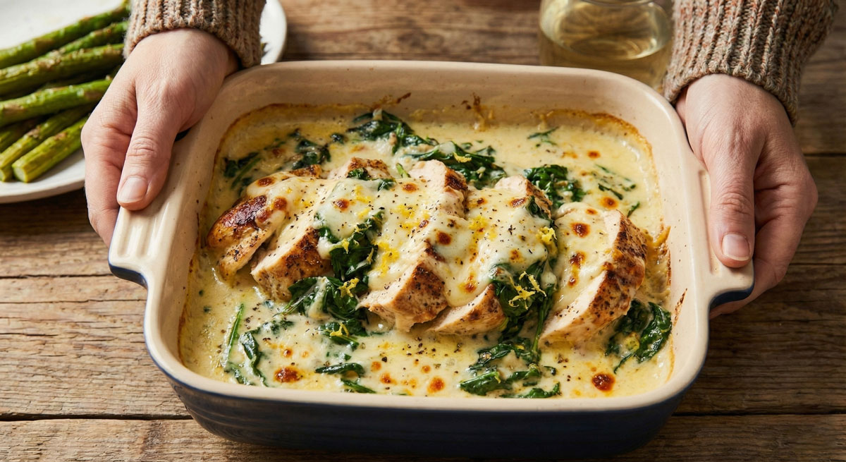 Chicken-Florentine Creamy Chicken Florentine casserole with sliced chicken breast, wilted spinach, and melted cheese in a baking dish.