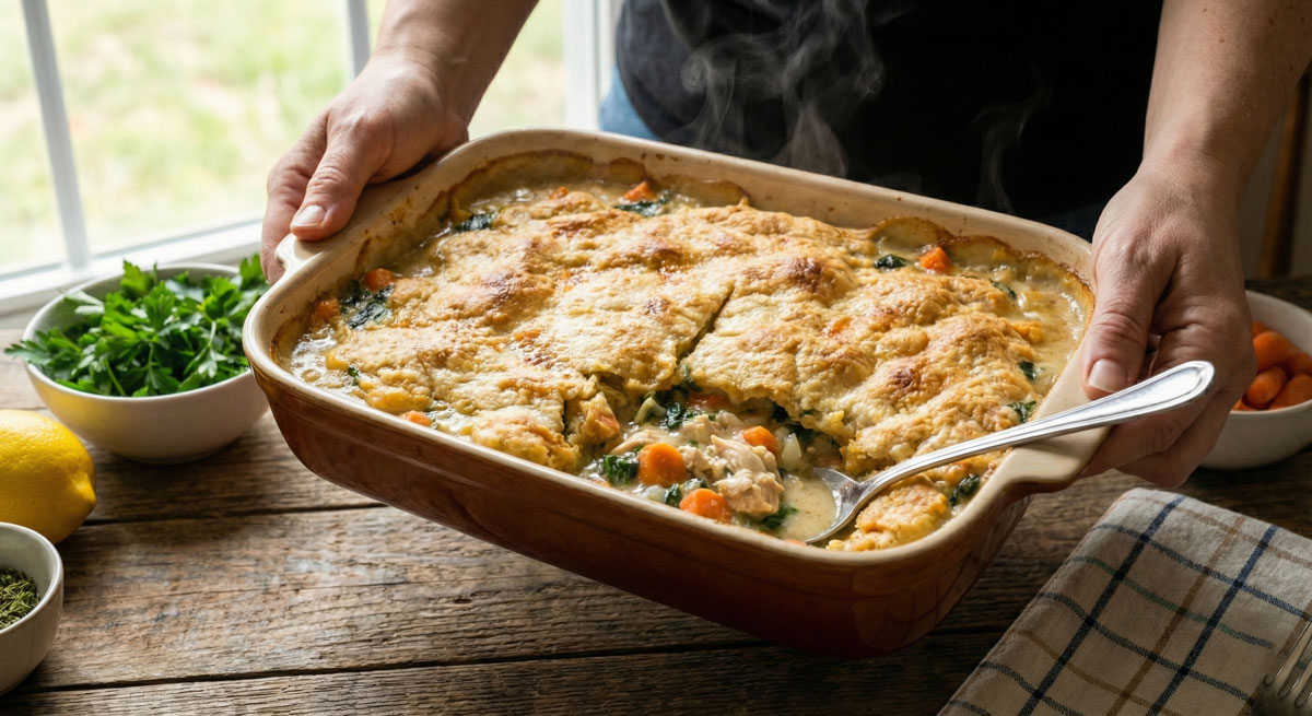 Chicken-Pot-Pie Dairy-free chicken pot pie recipe with coconut milk and rustic tapioca flour crust baked in a casserole dish.