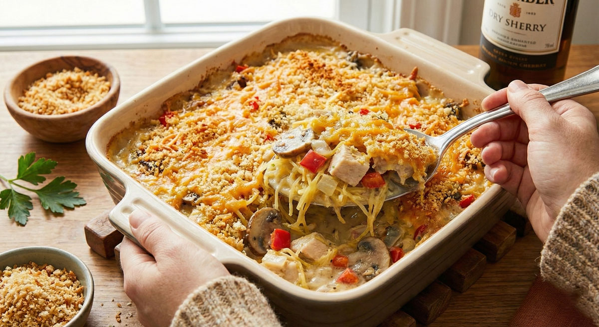 Baked Paleo Chicken Tetrazzini casserole made with spaghetti squash strands, mushrooms, and dairy-free coconut milk cheese sauce in a square baking dish.