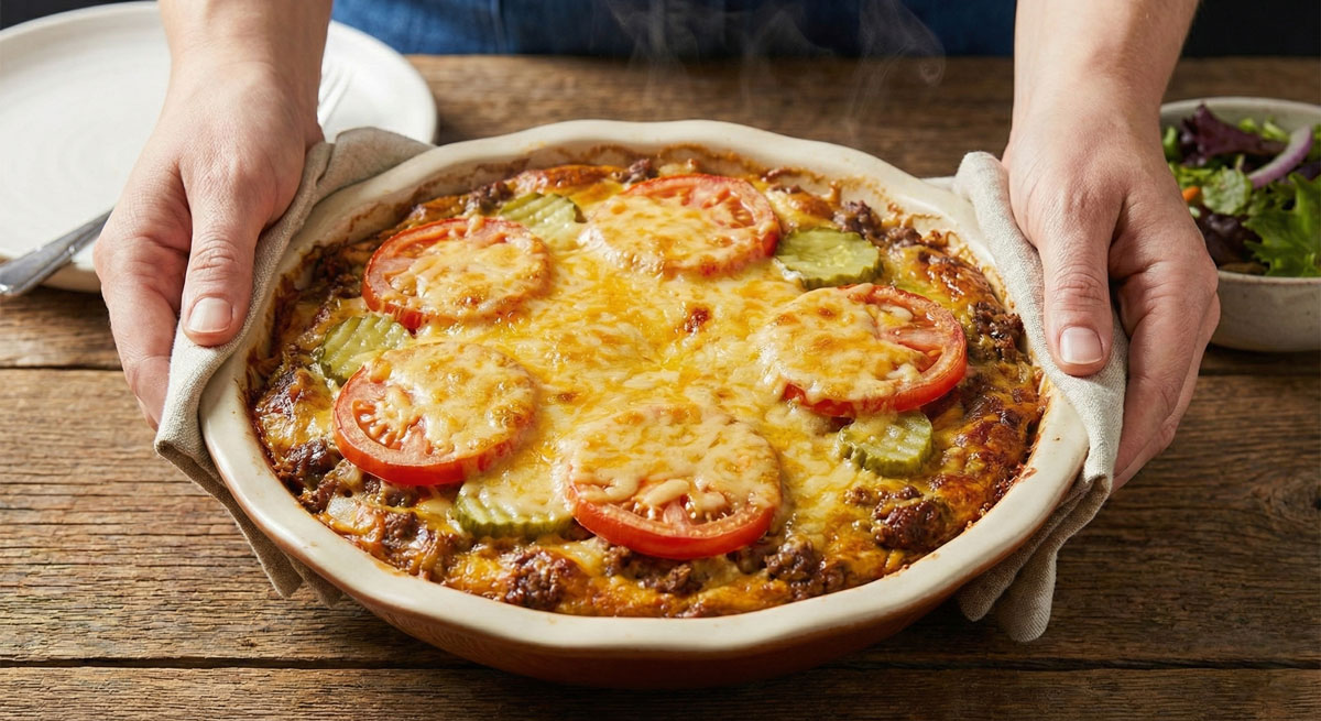 A golden-brown ground beef cheeseburger pie in a ceramic dish, garnished with fresh tomato slices and dill pickles.