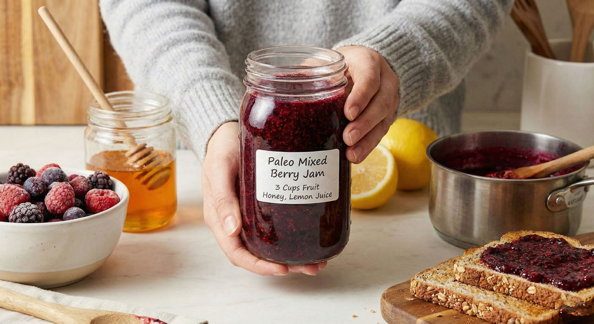Woman holding a glass jar of homemade Paleo mixed berry jam sweetened with honey.