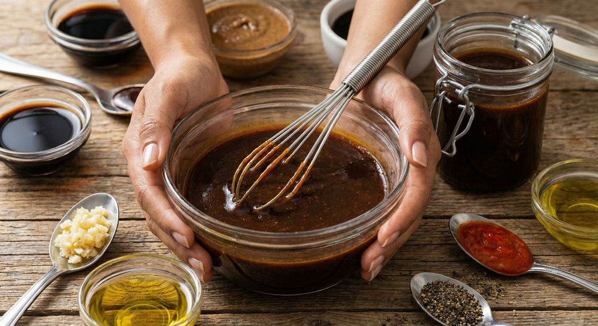 Bowl of homemade Paleo Hoisin Sauce with a whisk, surrounded by ingredients like almond butter and garlic on a wooden table.