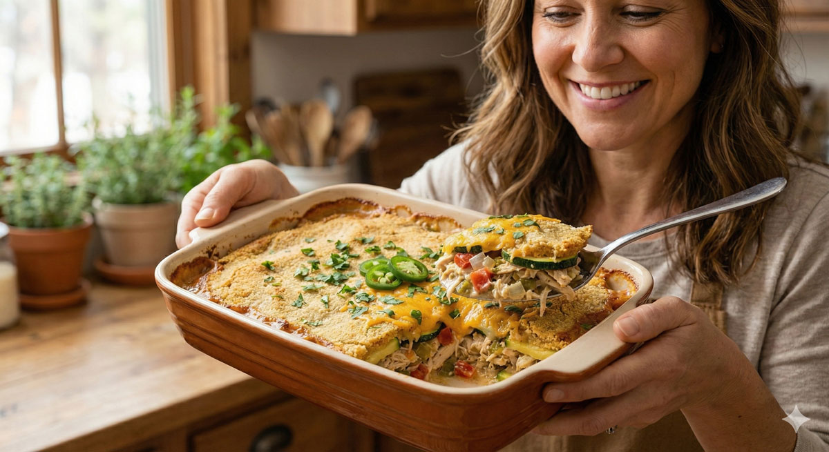 Woman holding a freshly baked Paleo King Ranch Casserole dish featuring savory chicken, layered zucchini, and a golden almond flour crust garnished with cilantro.