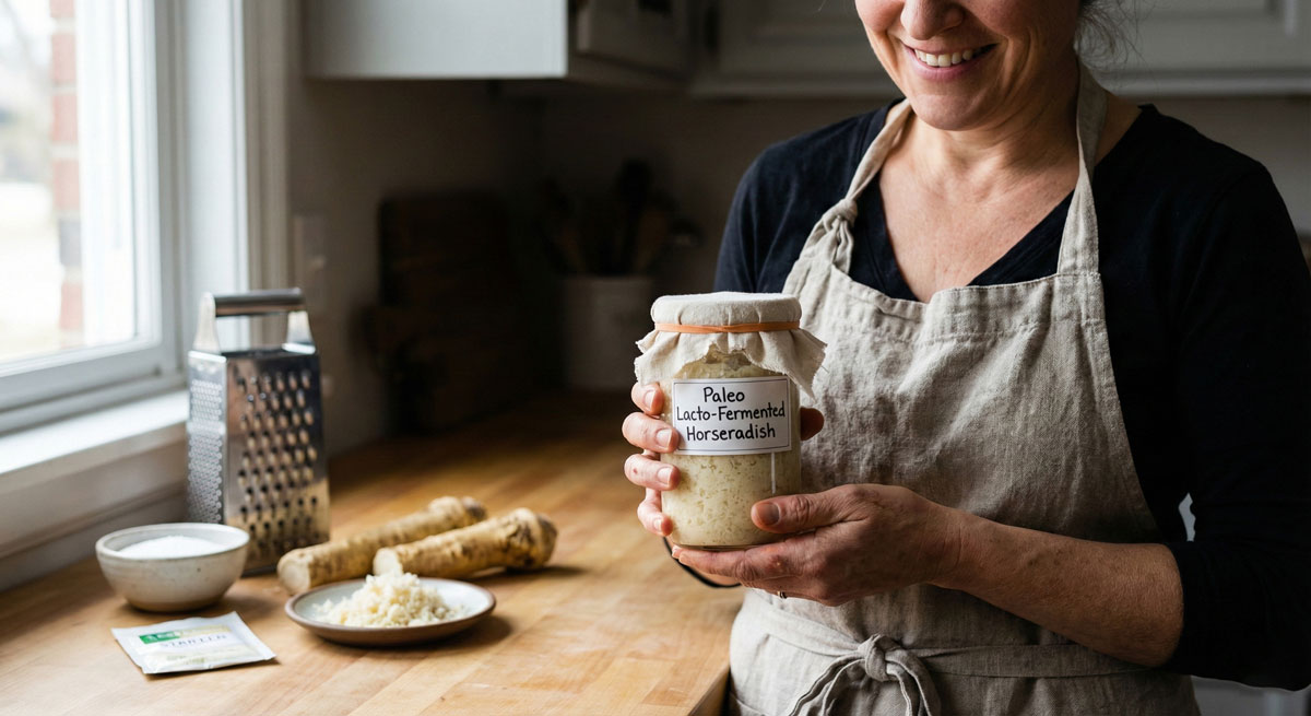 Glass jar of homemade Paleo lacto-fermented horseradish paste sitting on a wooden table next to fresh horseradish roots and a grater.