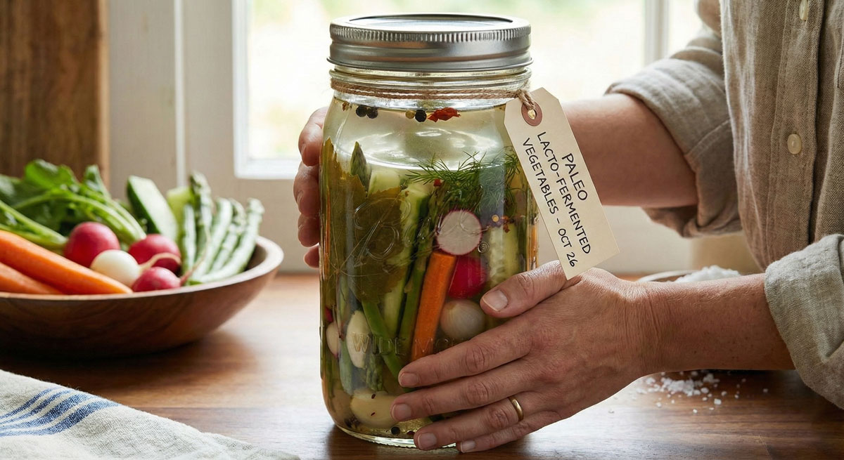 Woman holding a quart mason jar filled with homemade paleo lacto-fermented vegetables, including carrots, asparagus, and cucumbers in brine.