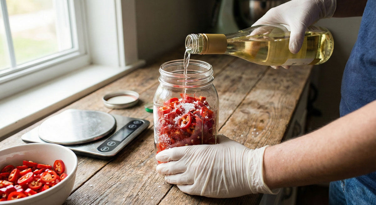 Pouring white wine over sliced red chili peppers and sea salt in a mason jar to begin the fermentation process.