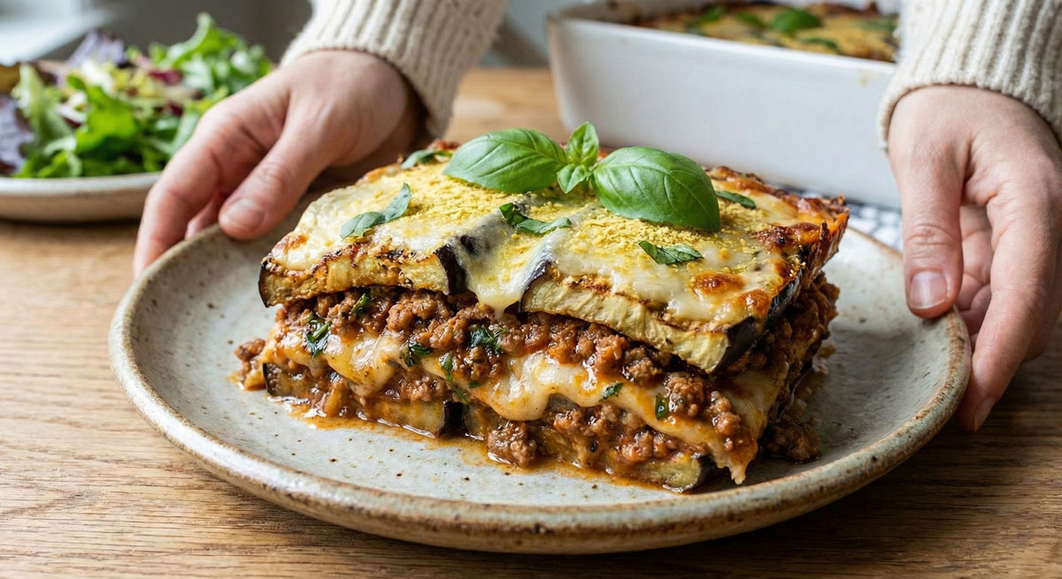 Slice of Paleo Meat and Cheese Eggplant Lasagna with distinct layers of eggplant, meat sauce, and melted cheese.