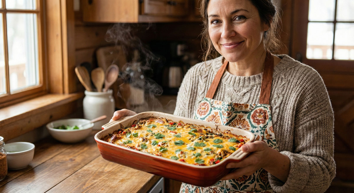 Paleo Mexican Lasagna made with zucchini noodles and ground turkey, baked with dairy-free cheese and red peppers in a casserole dish.