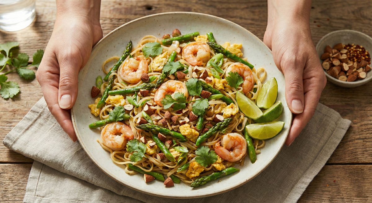 Pad-Thai Grain-free Shrimp Pad Thai recipe with cabbage noodles, asparagus, and tamarind sauce held by a woman.