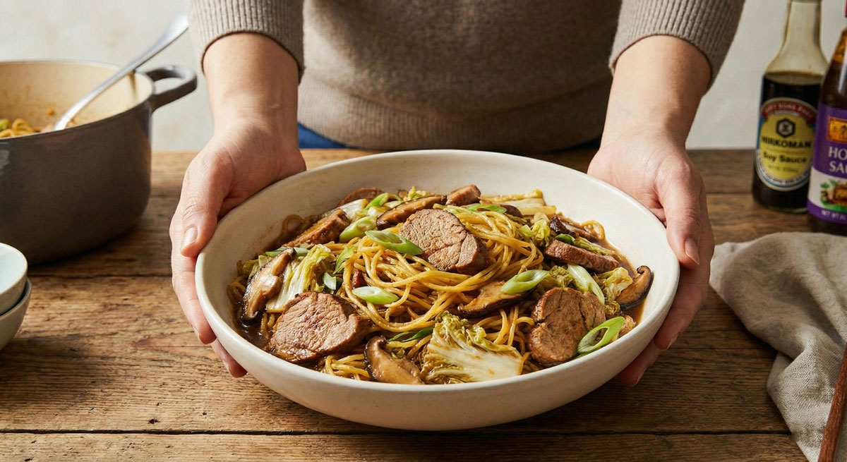 Pork-Lo-Mein Bowl of Pork Lo Mein made with spaghetti squash noodles, sliced pork tenderloin, shiitake mushrooms, and napa cabbage garnished with fresh scallions.
