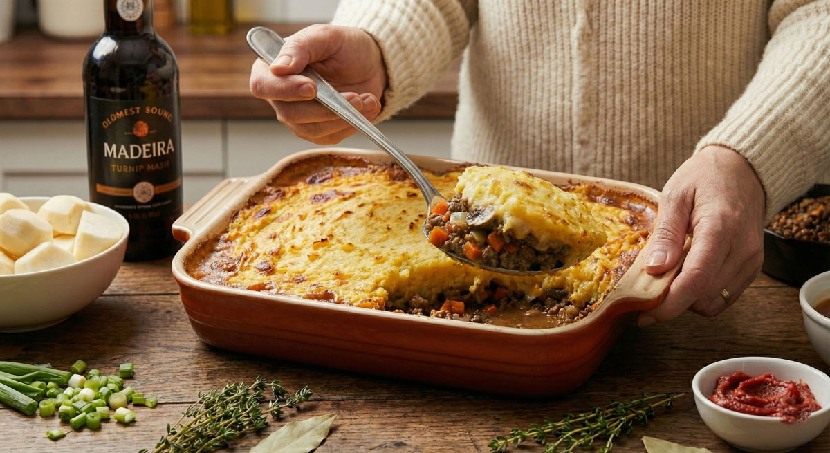 Woman's hands serving a scoop of Keto Shepherd's Pie with golden turnip mash topping and savory beef filling from a baking dish.