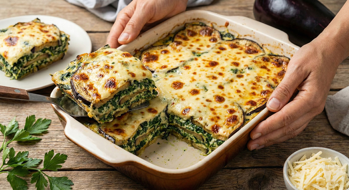 Paleo Spinach Lasagna with eggplant layers and dairy-free cheese sauce bubbling in a baking dish.