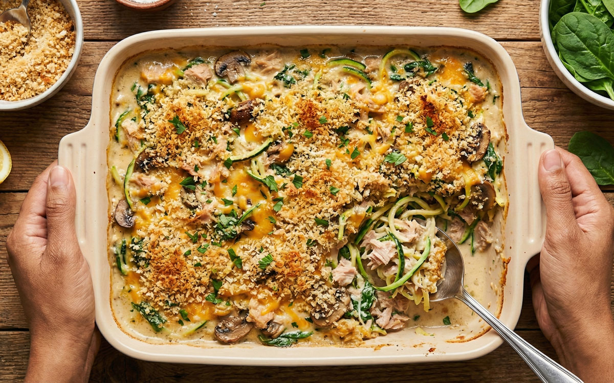 Baked dairy-free tuna noodle casserole made with zucchini noodles, mushrooms, and spinach in a creamy coconut sauce, topped with golden toasted breadcrumbs in a white baking dish.