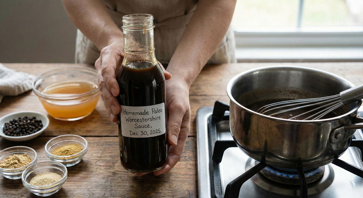 Close-up of a woman's hands holding a glass jar filled with dark, sugar-free Paleo Worcestershire sauce substitute.