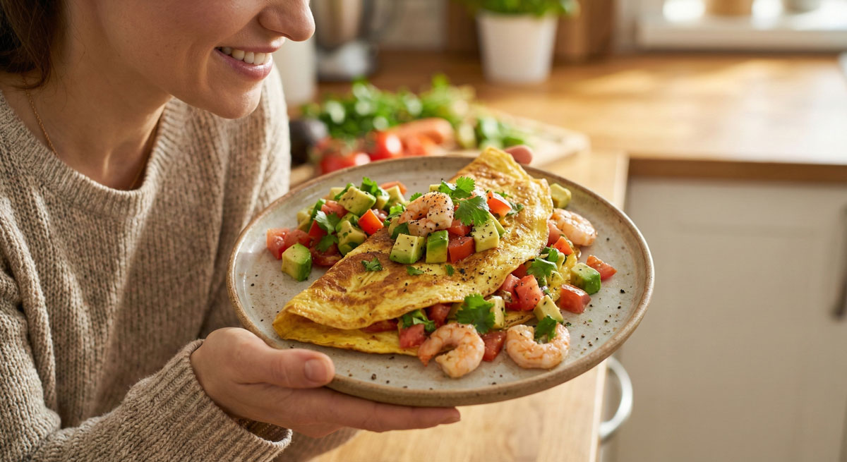 Woman holding a plate with a fluffy Avocado Shrimp Omelet topped with fresh tomato and cilantro.