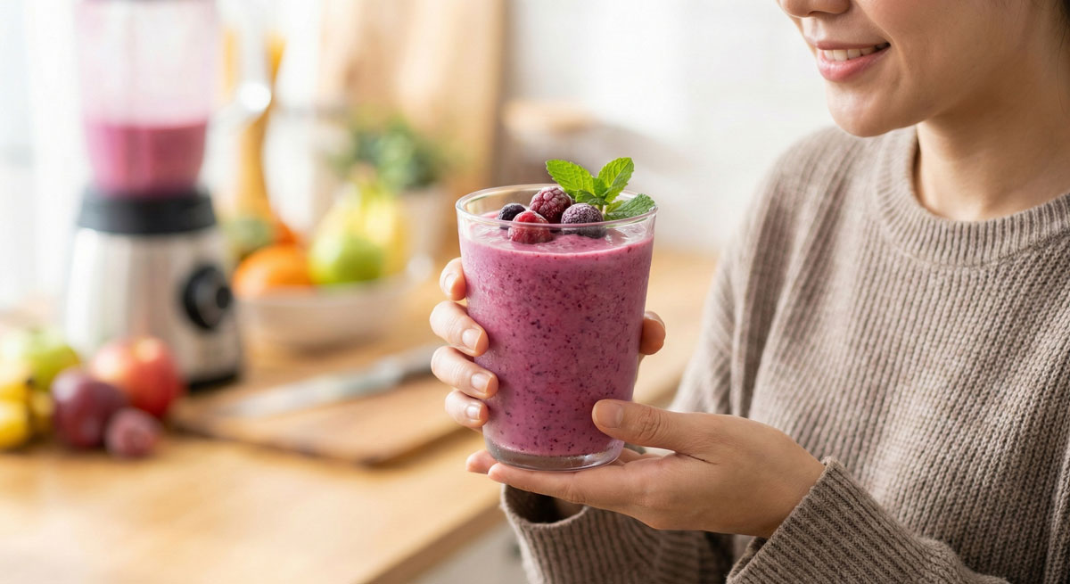 A woman smiling while holding a glass filled with a frosty, purple Berry Delicious Smoothie topped with frozen mixed berries and fresh mint in a sunny kitchen.