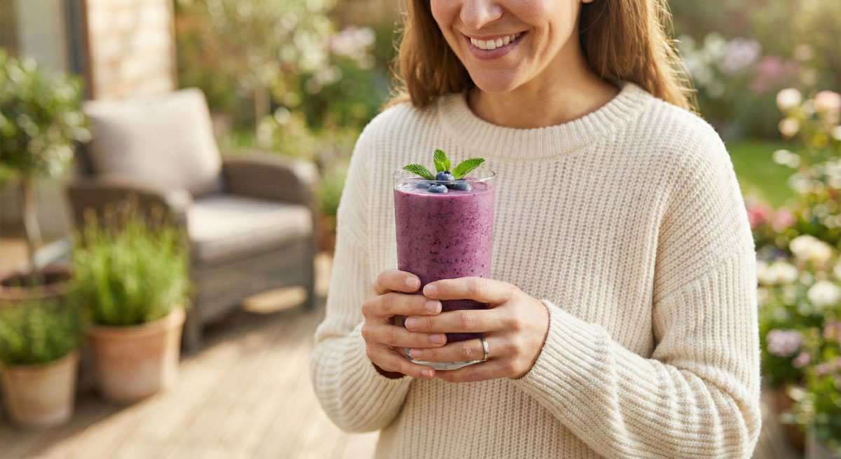 Close-up view of a woman in a knit sweater holding a hydrating Blueberry and Coconut Water Smoothie on a sunny outdoor patio.