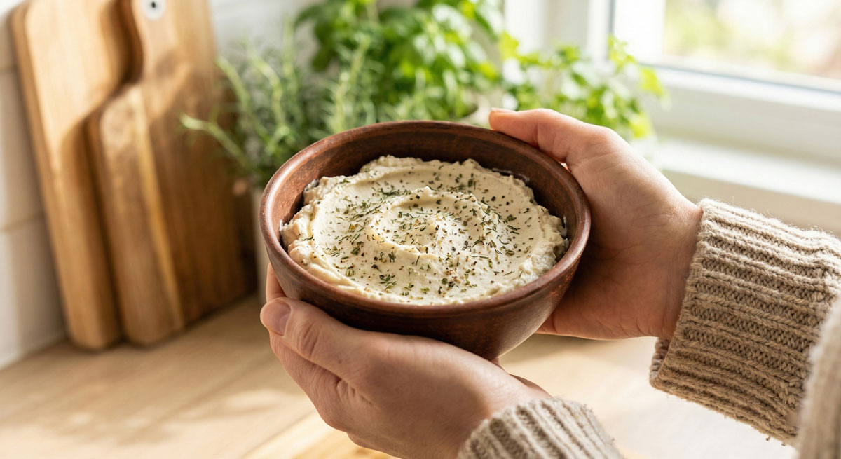 A woman holding a rustic wooden bowl of creamy homemade vegan boursin cheese seasoned with dried herbs like dill and parsley in a bright, sunlit kitchen.